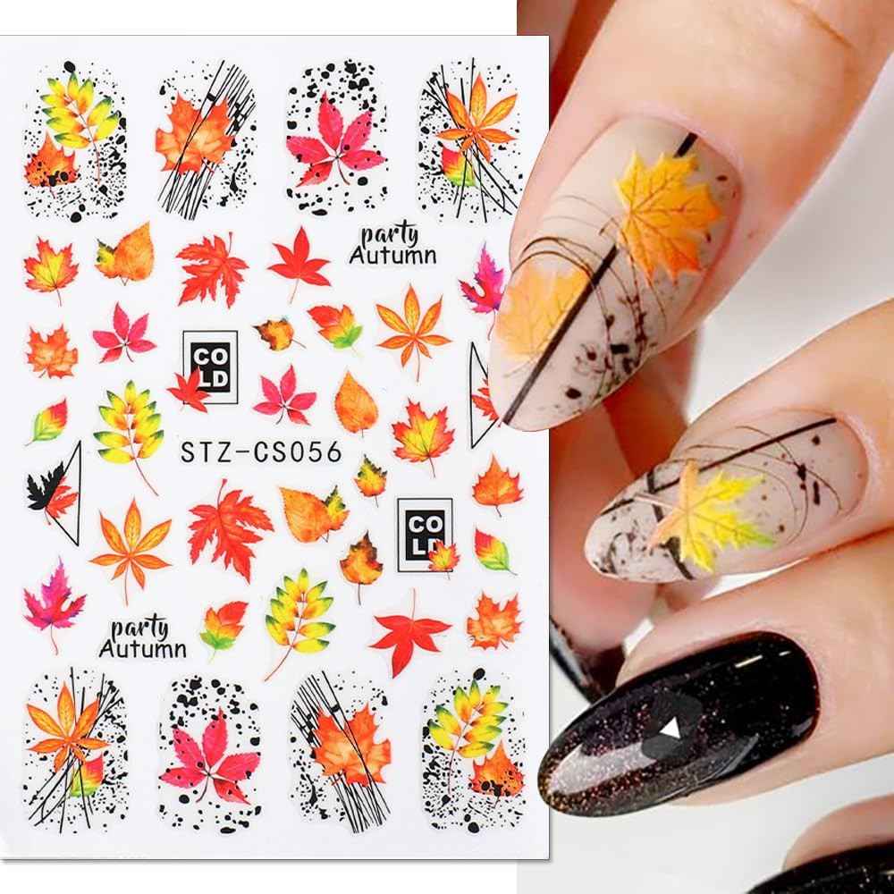 Maple Leaf Nail Art Stickers – Fall Nail Decals, Geometric Line Designs, Autumn