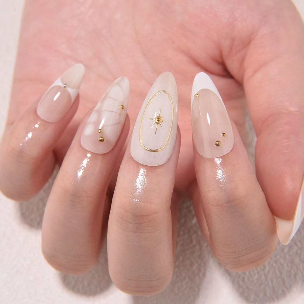 evpct Bohemian Nude White Tip Medium Almond Press On Nails