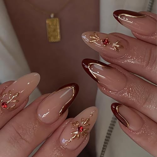 24Pcs French Tip Press on Nails Medium Fake Nails Almond Shape Gold style3