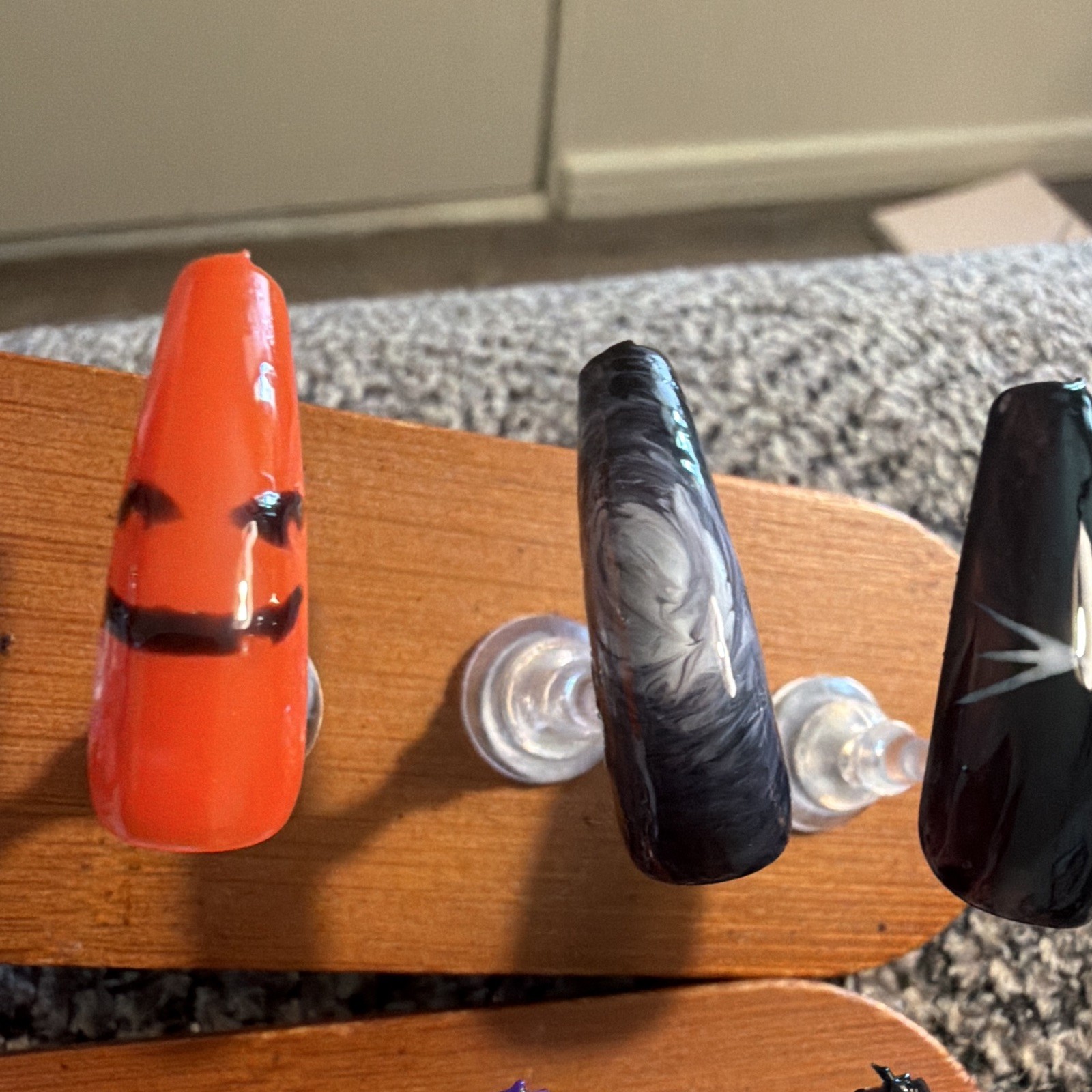 Long Coffin Press-On Nails Black/Orange/Purple Stars Pre-Designed Shiny