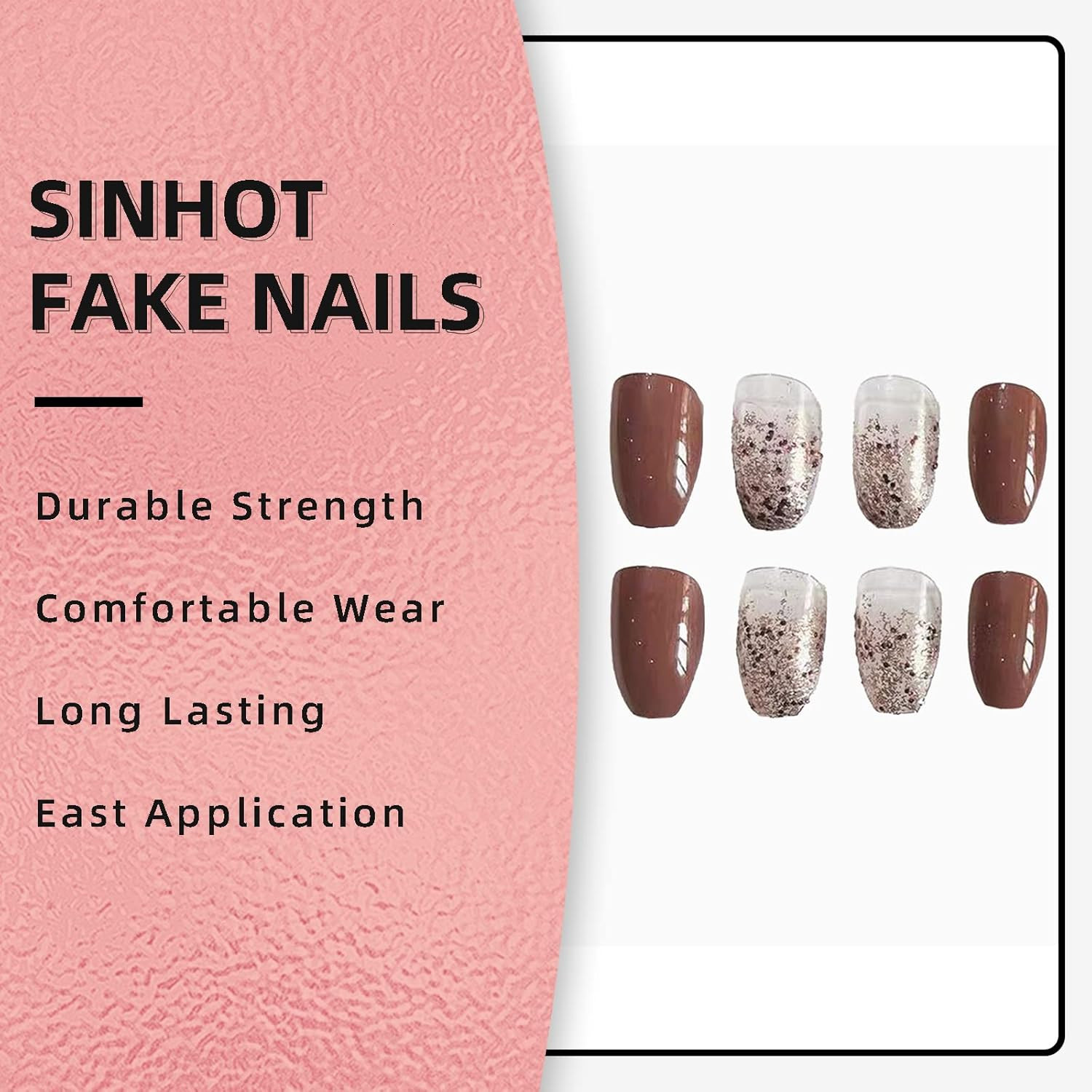 Coffin Press on Nails Medium Ballerina Glossy Glue on Nails Brown Gradient Acryl