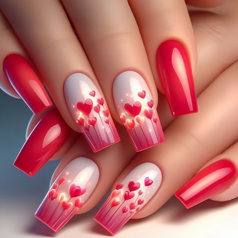 96Pcs Valentine’s Day Medium Ballet Press On Nails Cute Heart Cartoon Sweet