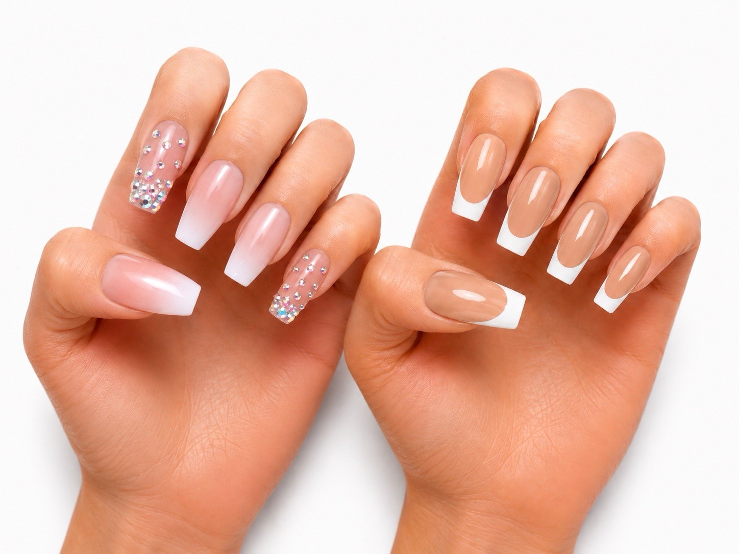 SET OF 2 French Ombre & Rhinestone Press On Nails Set | Nude Pink White