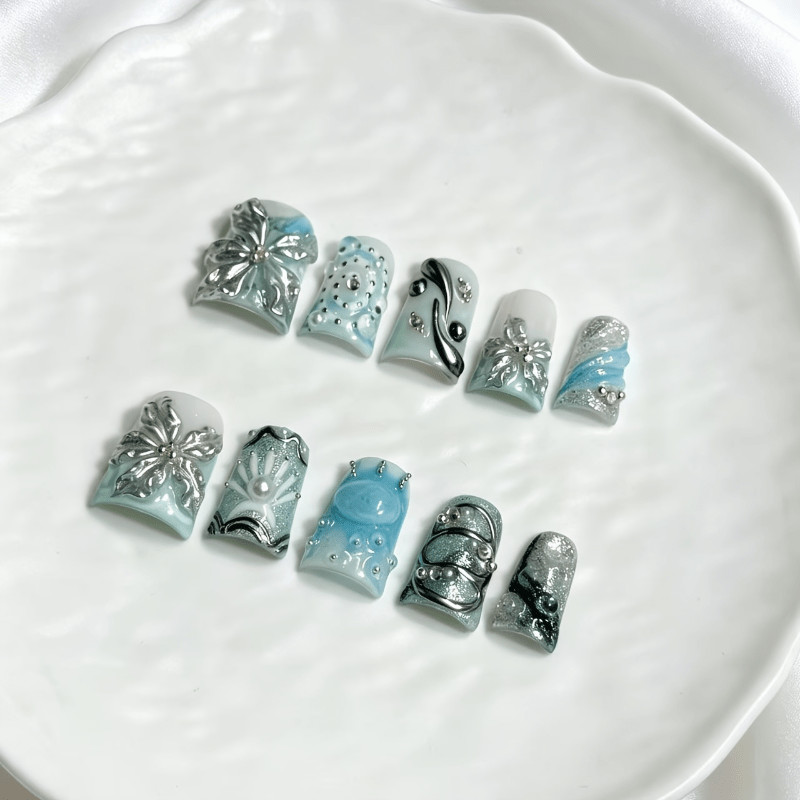 10Pcs Blue Silver Floral Press on Nails Ocean Style 3D Gem Glossy Fake Nails