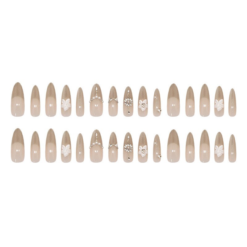 30pcs Cat Eye Press On Nails Long Almond False Nails 3D Crystal Flower