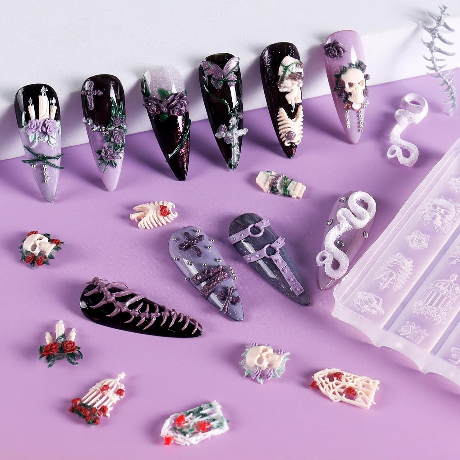 4Pcs Gothic Silicone Nail Art Molds, 3D Rose, Snake, Bones, Cross, Collar, Skull