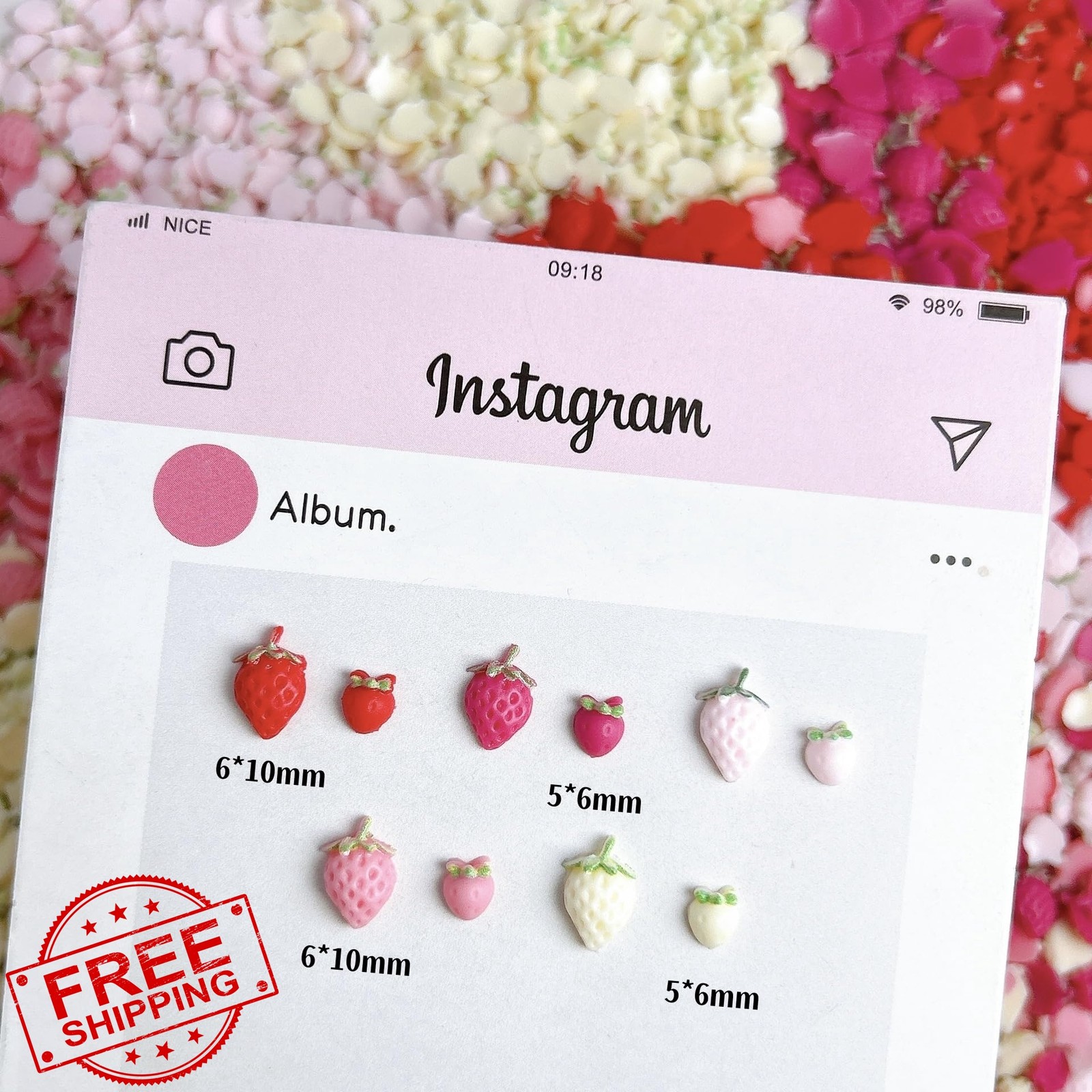 Tephrent 200Pcs 3D Red Strawberry Nail Charms
