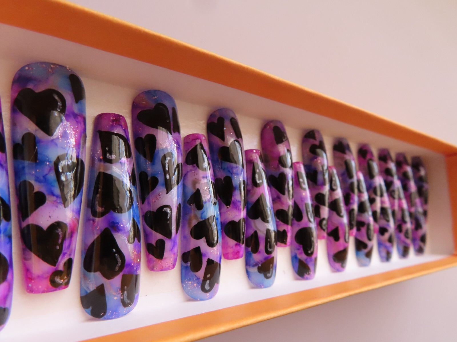 XL Blue Purple Black Silver Bubble Heart Ink Square Coffin Press On Nails (20)