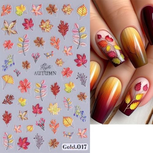 Autumn Nail Art Stickers Fall Leaves Pumpkin Decals 3D Self 09.fall Leaves