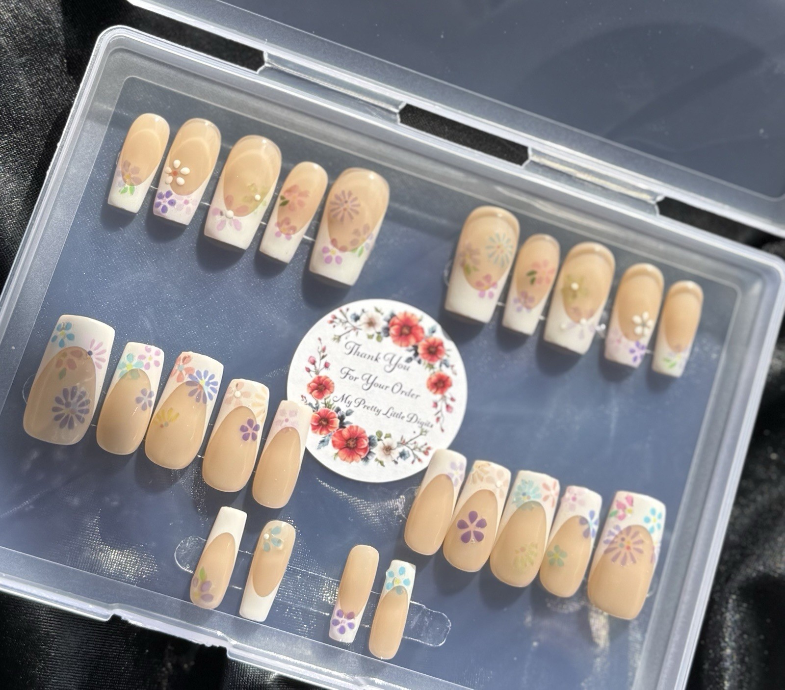 Handmade Press On Nails, Square Acrylic Gel French w/Flowers~With Free Gifts💝