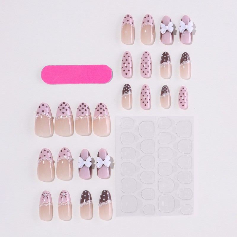 24Pcs Sweet Pink French Press on Nails Brown Polka Dots 3D White Bow Almond Nail