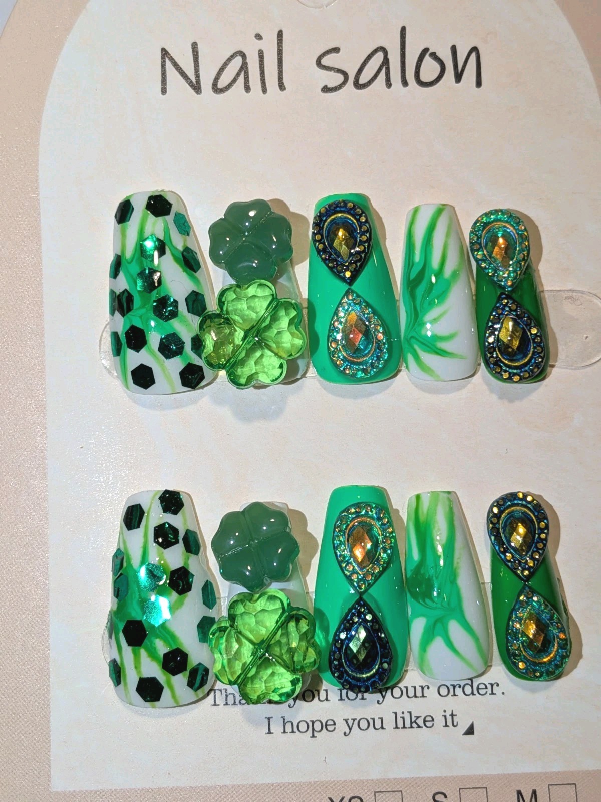 Hand Crafted St Patty Short Nail Set with Quality Glowing Gem Accents Sz LARGE