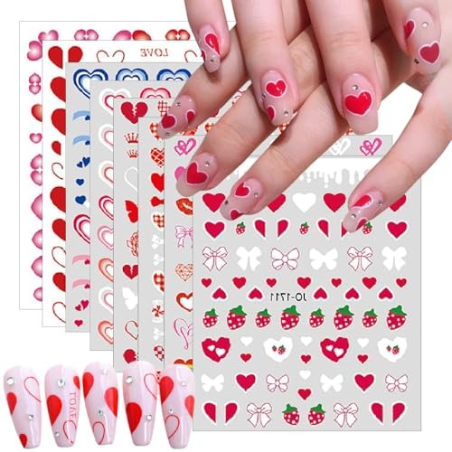 8 Sheets Valentine’s Nail Art Stickers Pink Plaid Nail Decals 3D Self Heart