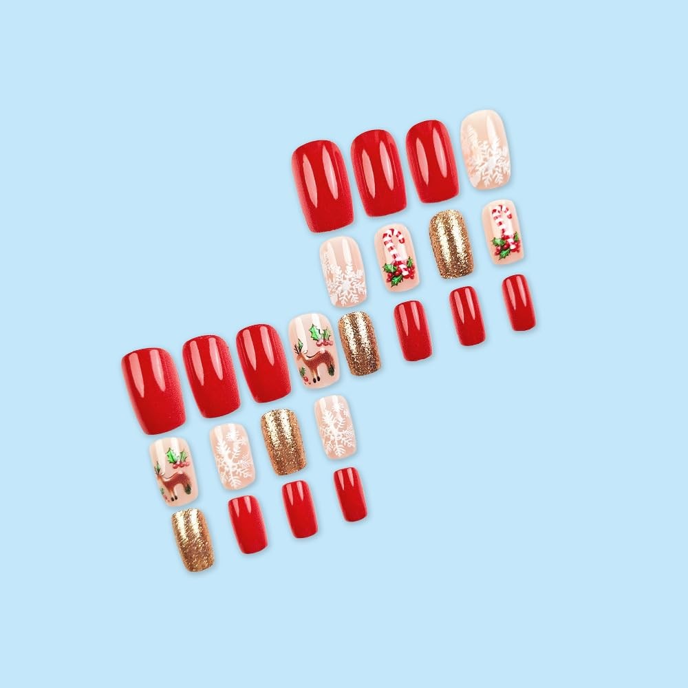 48pcs Christmas Press-on Nails Candy Cane Reindeer Snowflake Holiday Party Nails