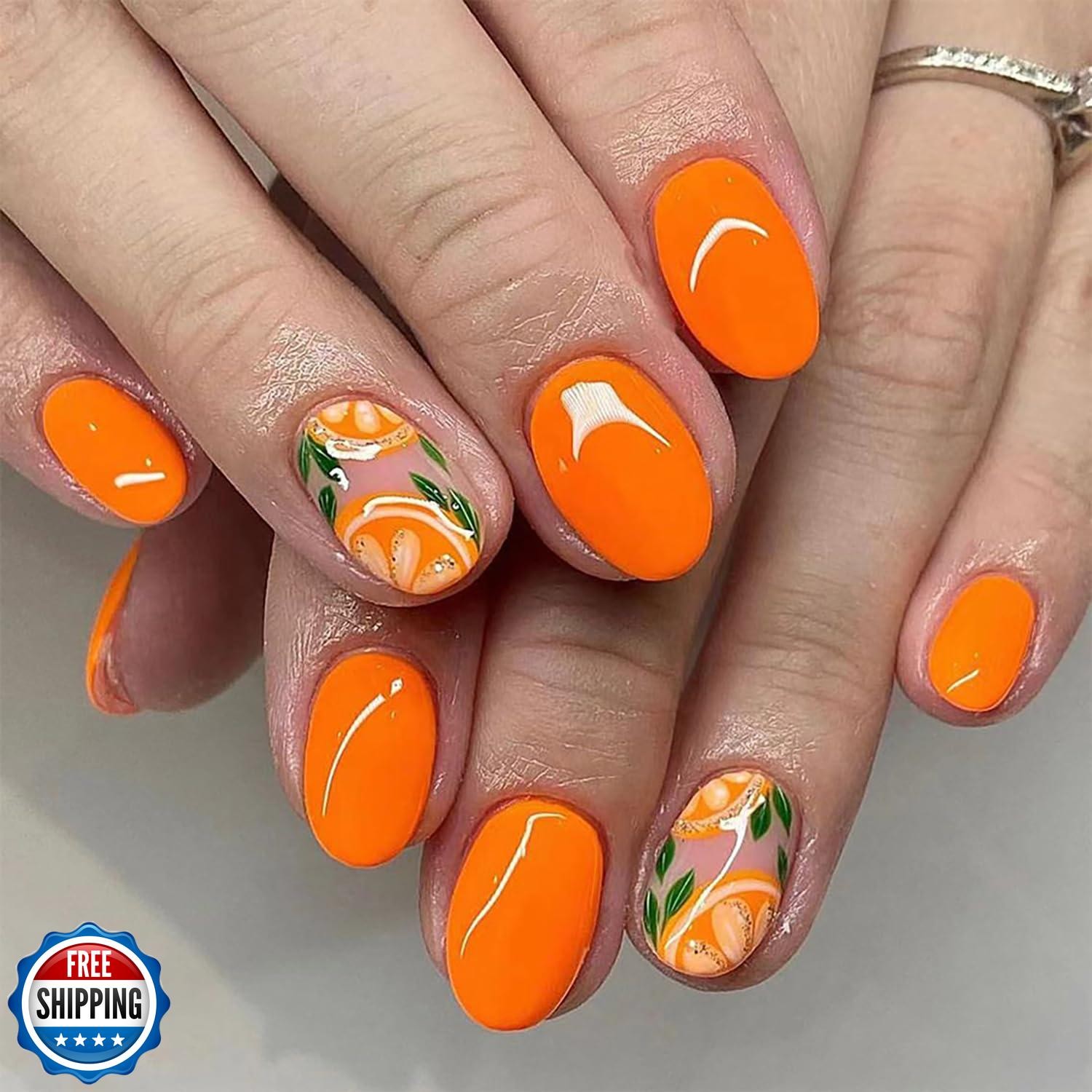 Orange Press on Nails Short Oval Orange Green Leaves Fake Nails with Designs