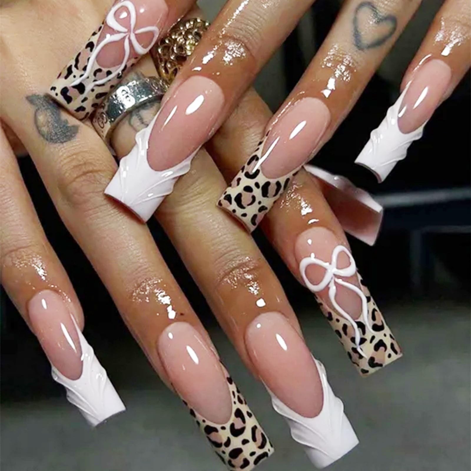 OCTOSWAVE Long Square Press On Nails, Nude Pink French Tip Fake Long, White