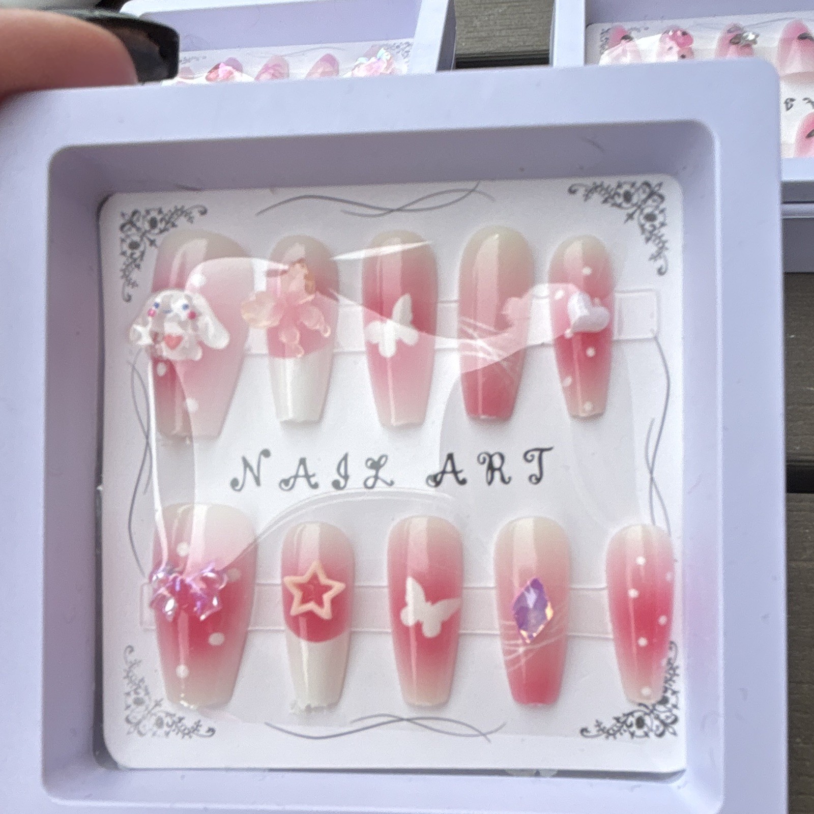 Pink/White Ombre Press-On Nails 3D Butterfly Full Cover Pre-Designed Long Coffin