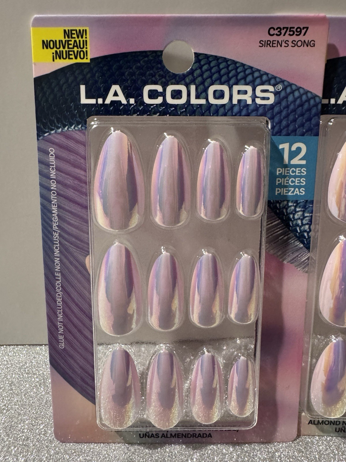 2x Chrome Pink Long Almond Shape Nails L.A. Colors Press-On Nail Set 12 Pcs 2 Pk