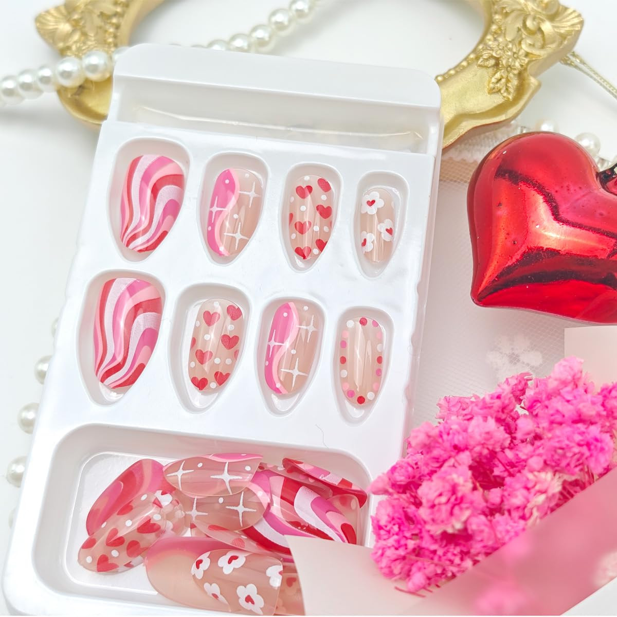30Pcs Valentines Press on Nails Short Oval Fake Nails with Pink Wavy Stripes Ful