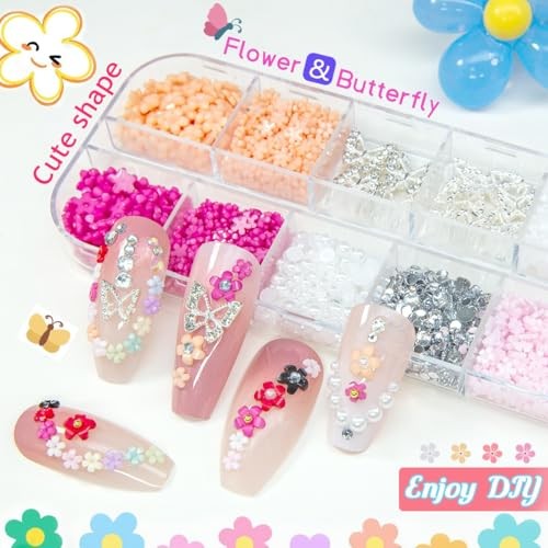 3D Flower Nail Charms Chunky Butterfly 2 Box Colorful Flowers Buterrfly Charms