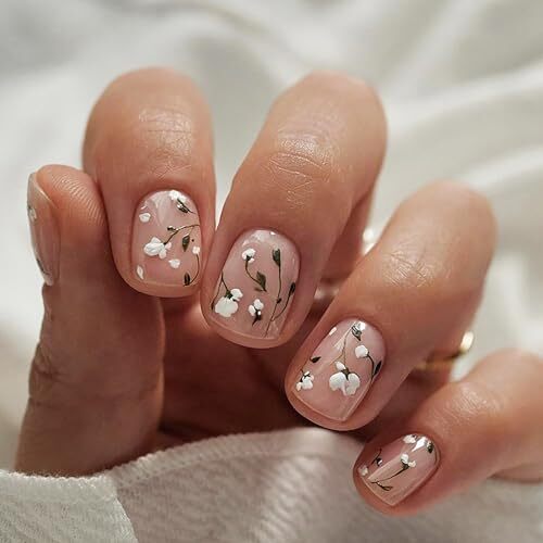 Square Press on Nails Short Length Flower French Tip Fake Nails Glossy Floral