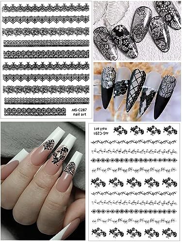 9 Sheets Lace Nail Art Stickers, Black Lace Flower Design 3D Self-Adhesive