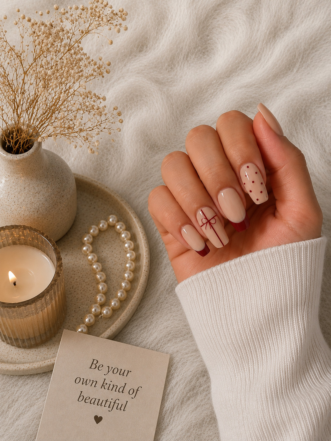Warm Nude Red French Tip Coffin Press-On Nails – Extra Small