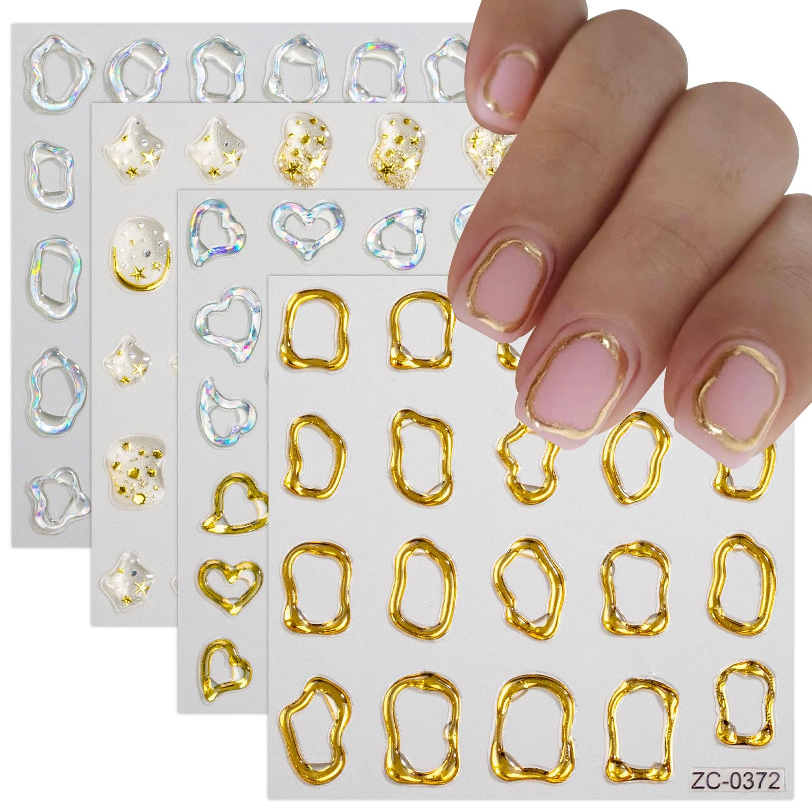 6 Sheets 3D Embossed Gold Irregular Geometric Nail Art Stickers Decals Self