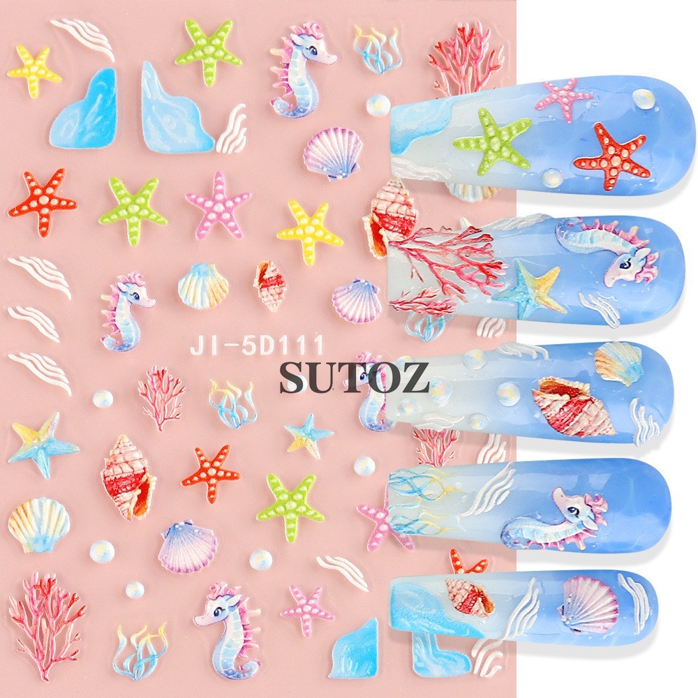 Summer 5D Embossed Ocean Nail Art Stickers Flower Starfish Seashell Coconut NH29