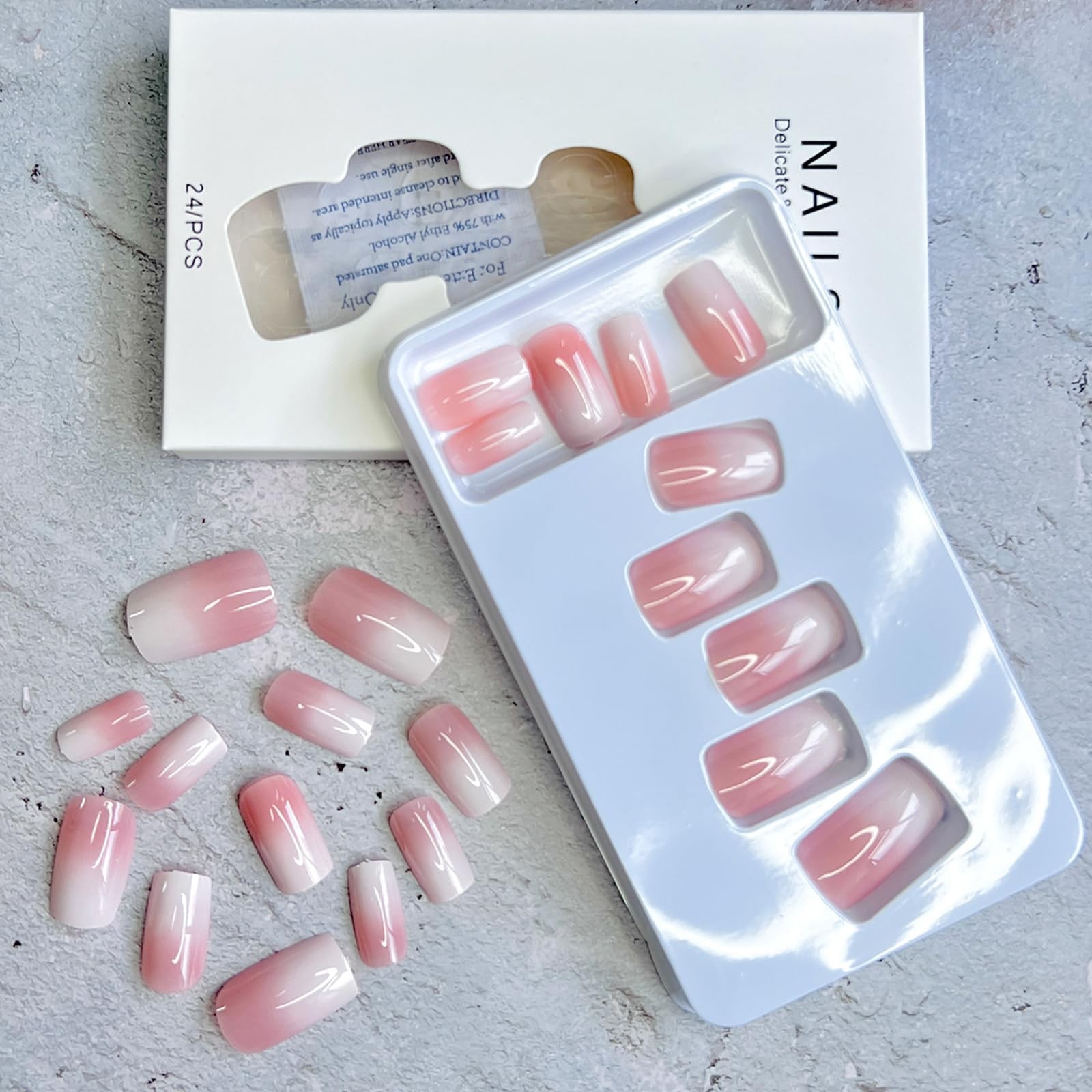 24 pcs Pink French Tip Gradient Press on Nails Medium Medium, Multicolor