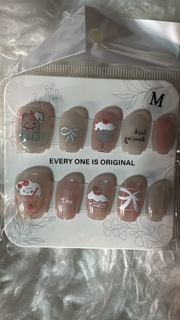 Warm Nude Kawaii Cartoon Press-On Nails – Glossy Square False Nails – Medium