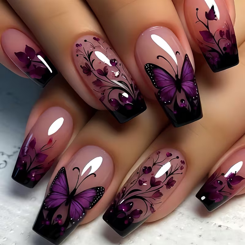 24pcs Ballet Press-On Nails, Medium Length, Glossy, Colorful Butterfly Design