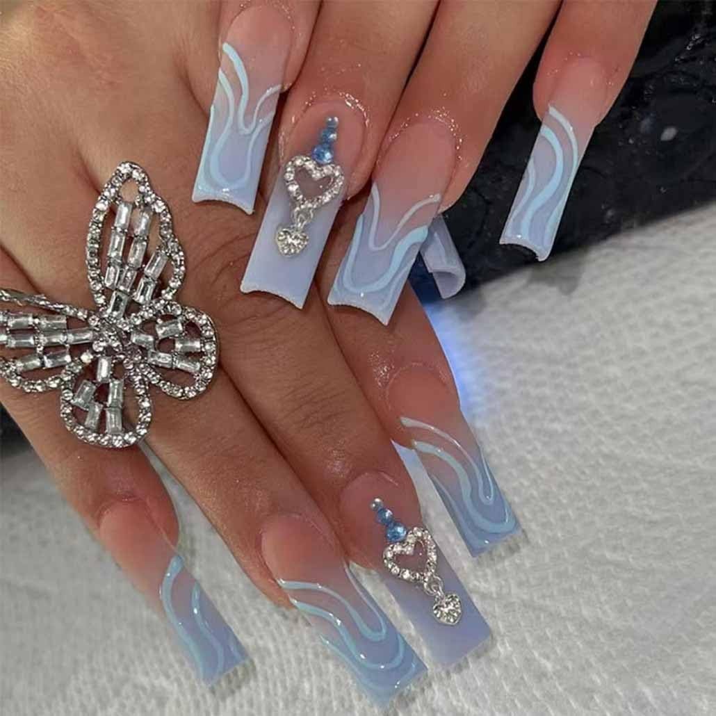 Trendy Blue Press On Nails with Rhinestones – Perfect for Any Occasion – 24PCS