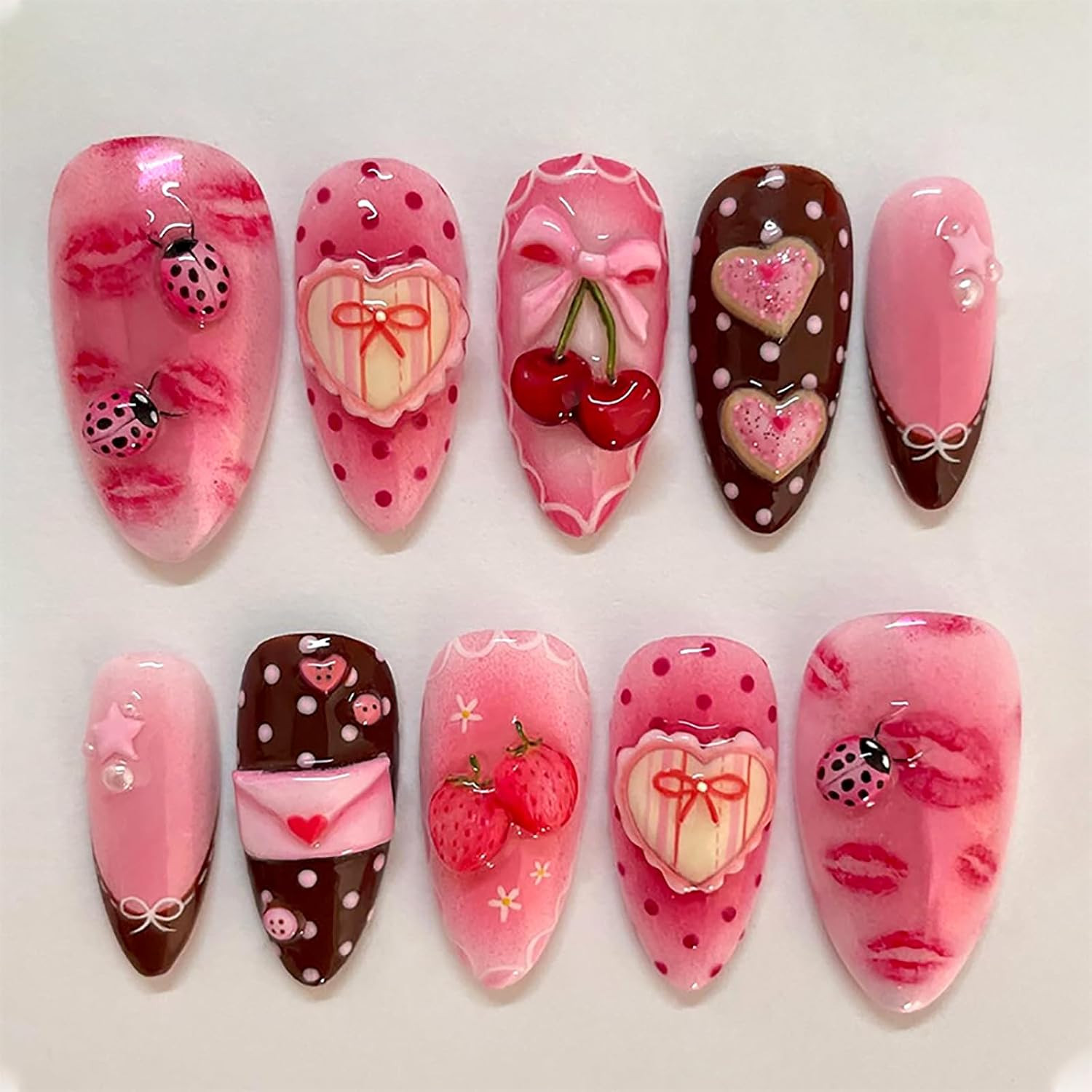 30Pcs Pink Flower Press on Nails Handmade Almond Fake Nails with 3D Flower Gildi