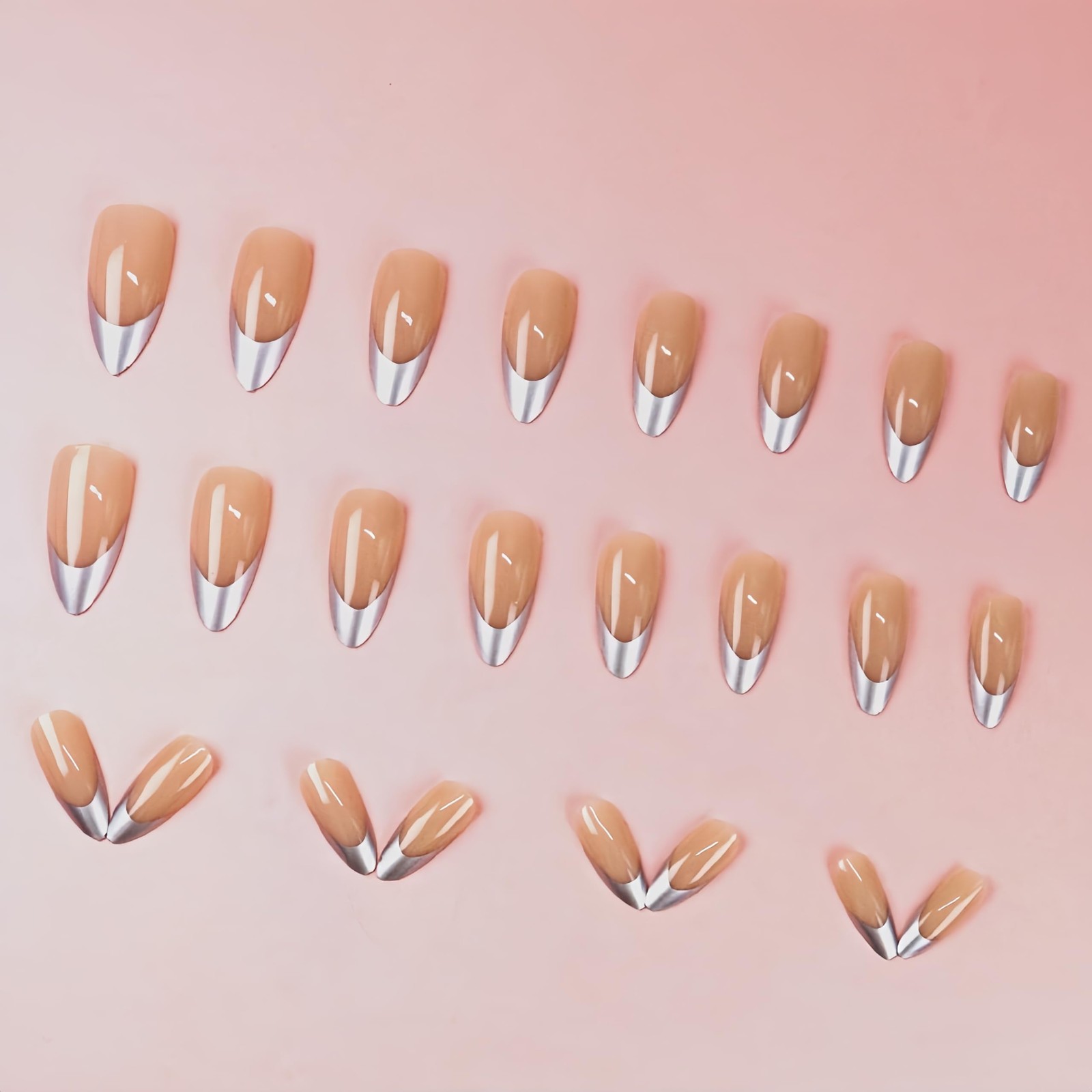 Sliver French Tip Press On Nails Almond – KQueenest Chrome Press On Nails Med…