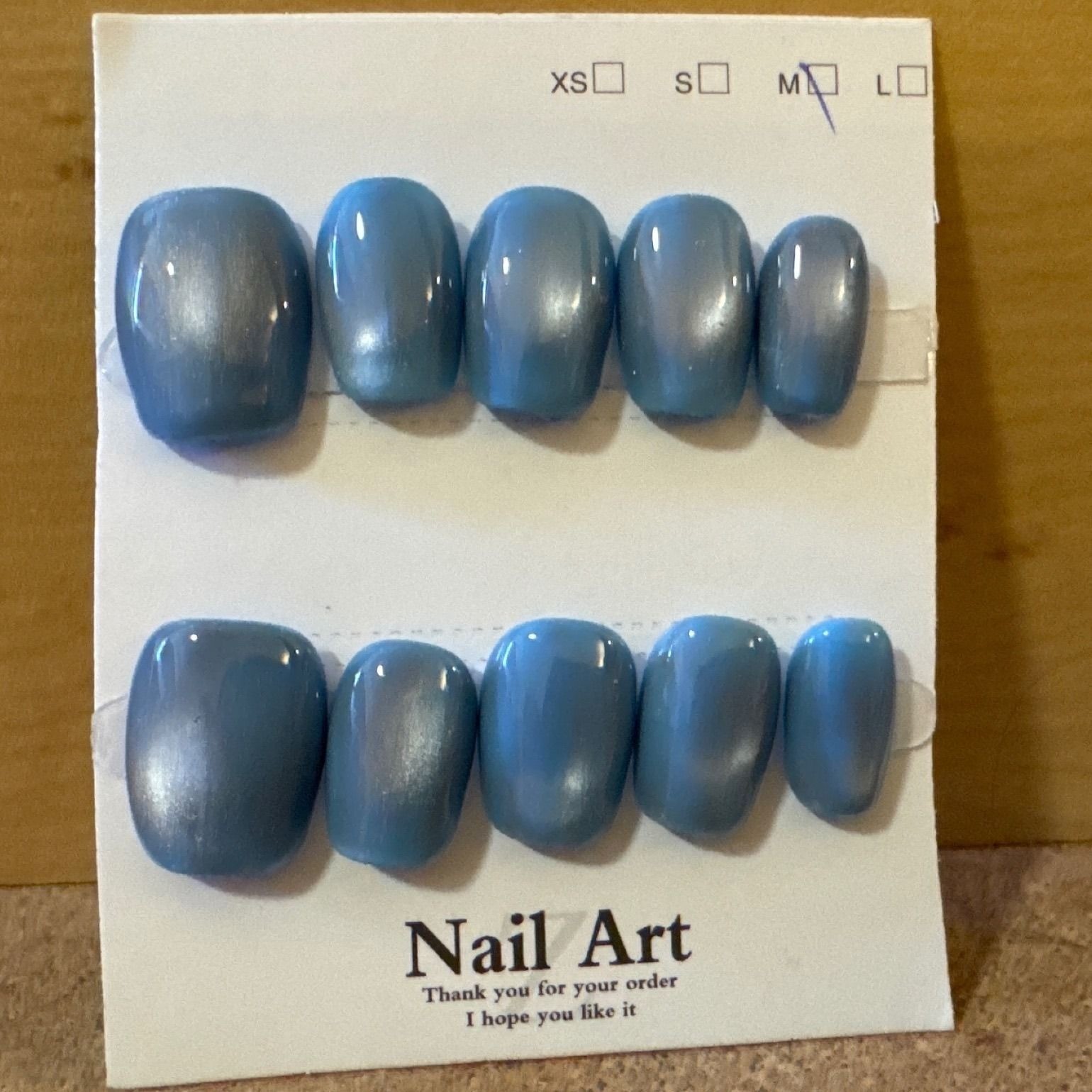 Blue Shimmer Metallic Press On Nails Medium Square Oval Glossy Artificial Nails