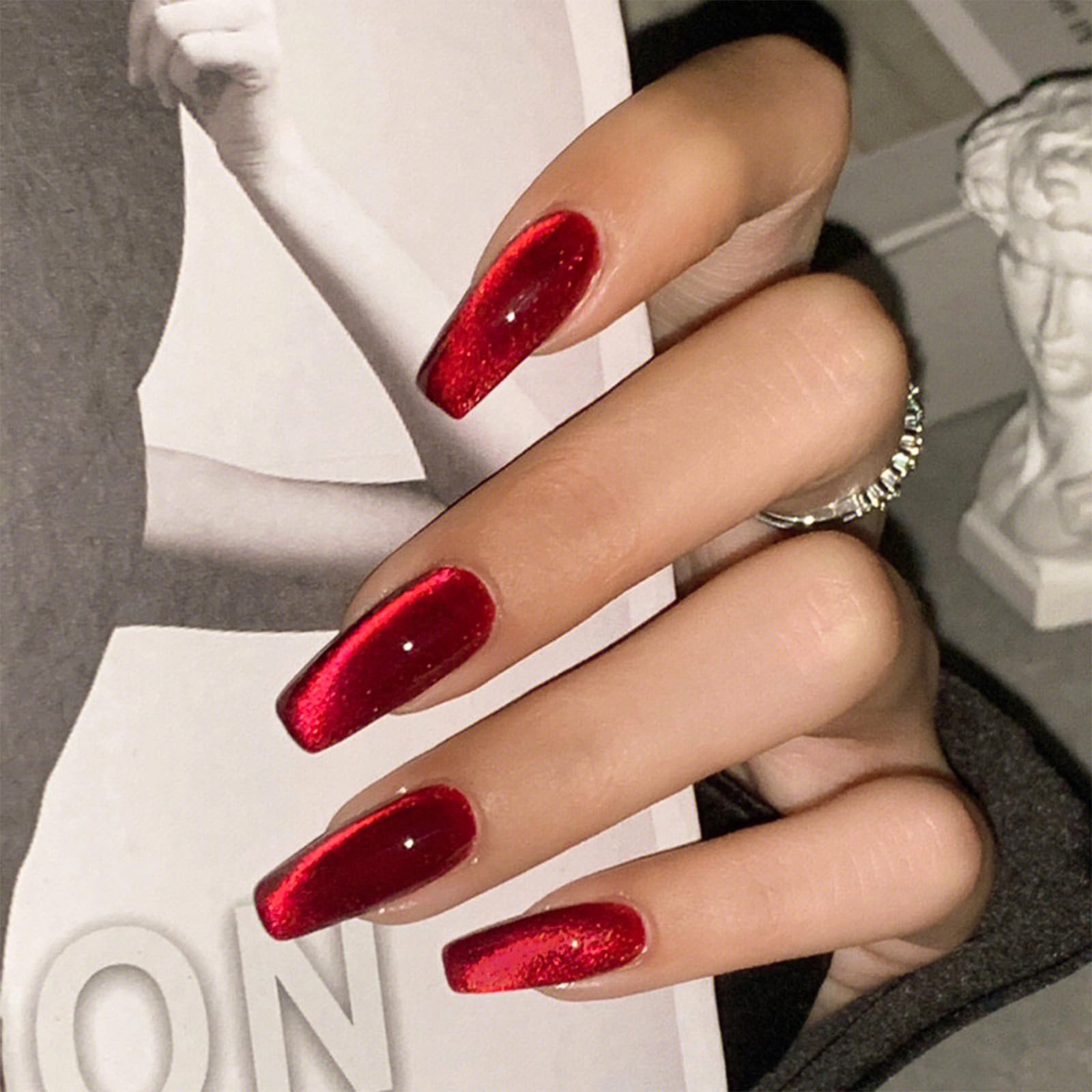 Red Press on Nails Medium Coffin Fake Wine Cat Eye Medium, style7