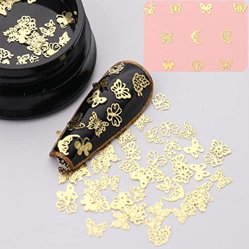 Gold Metal Nail Studs – 3D Glitter Flakes Decorations Set, Flowers Leaf
