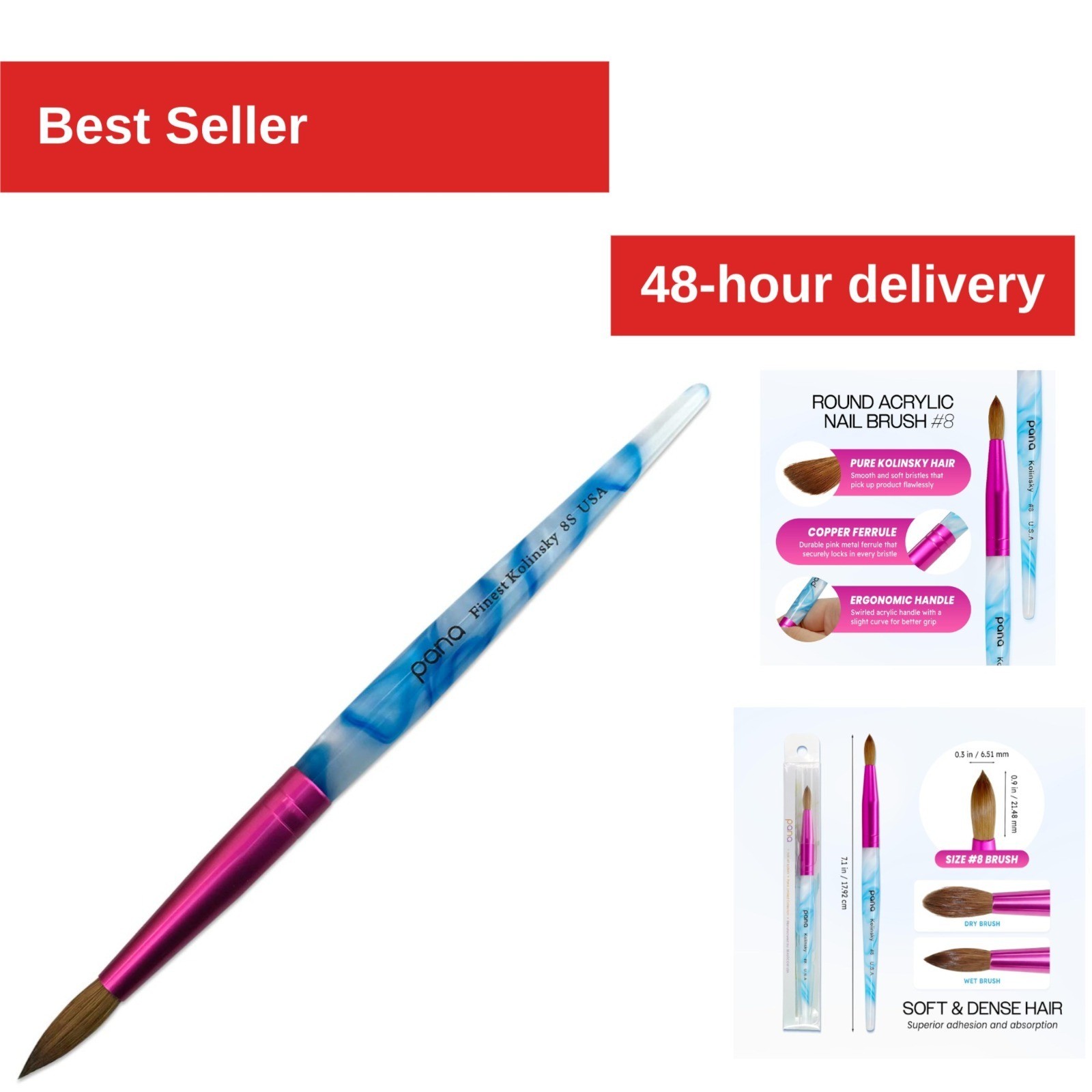 PANA Acrylic Nail Brush Kolinsky Hair Size 8 Blue Swirl Handle