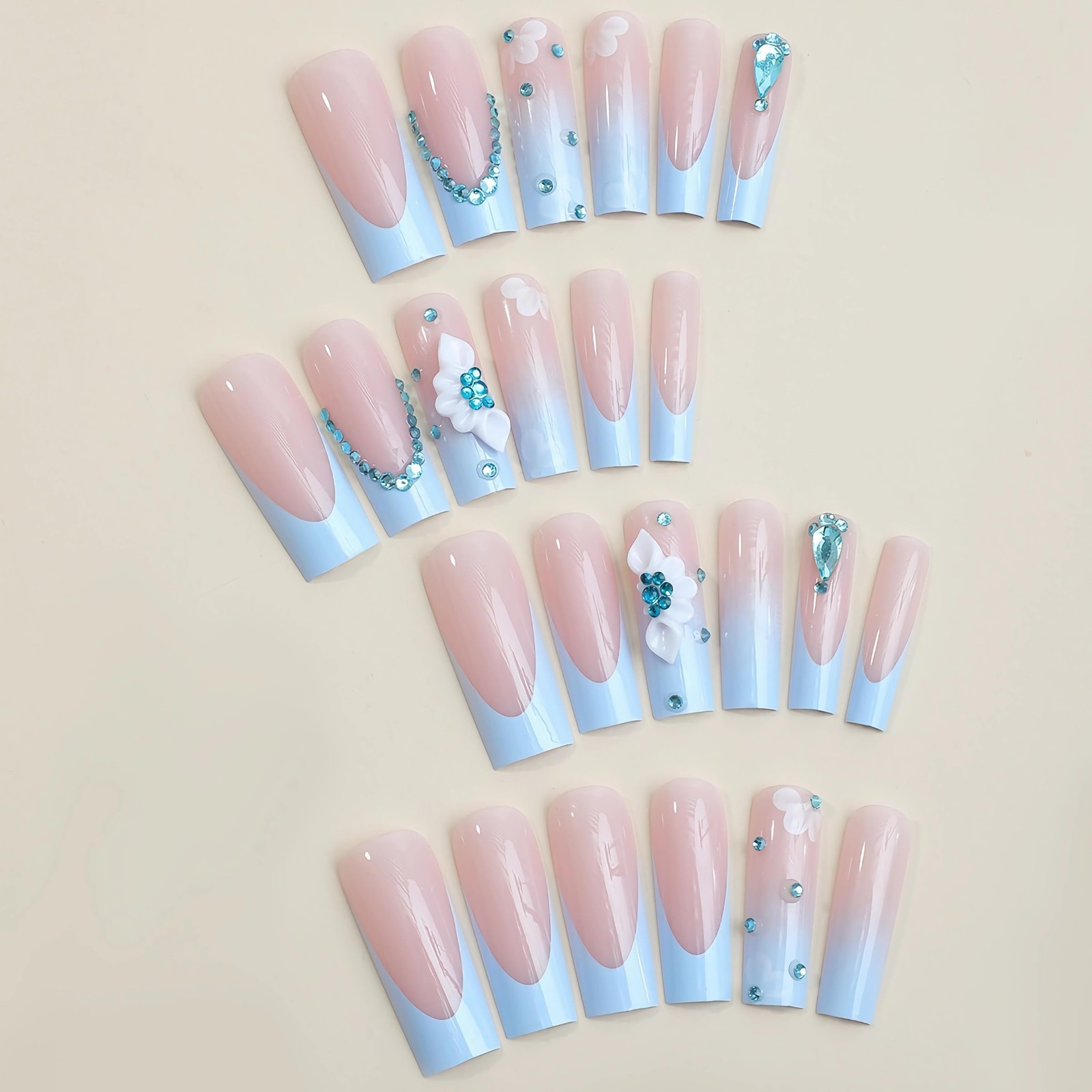 Light Blue French Tip Press On Nails with 3D Flower & Teal Rhinestones