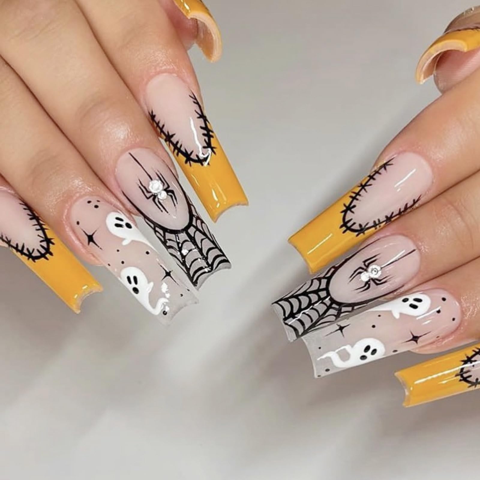 24Pcs Halloween French Tip Press on Nails Long Coffin Fake Nails With Design …