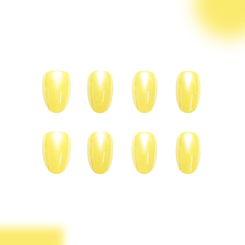 48pcs Short Oval Press on Nails, Cream Yellow Solid Cat Eye Casual Gloss Nails