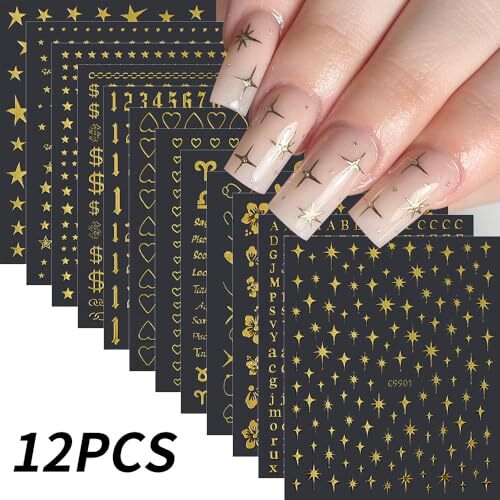 12 Sheets Gold Star Nail Art Stickers 3D Self Adhesive Flower Heart Letter