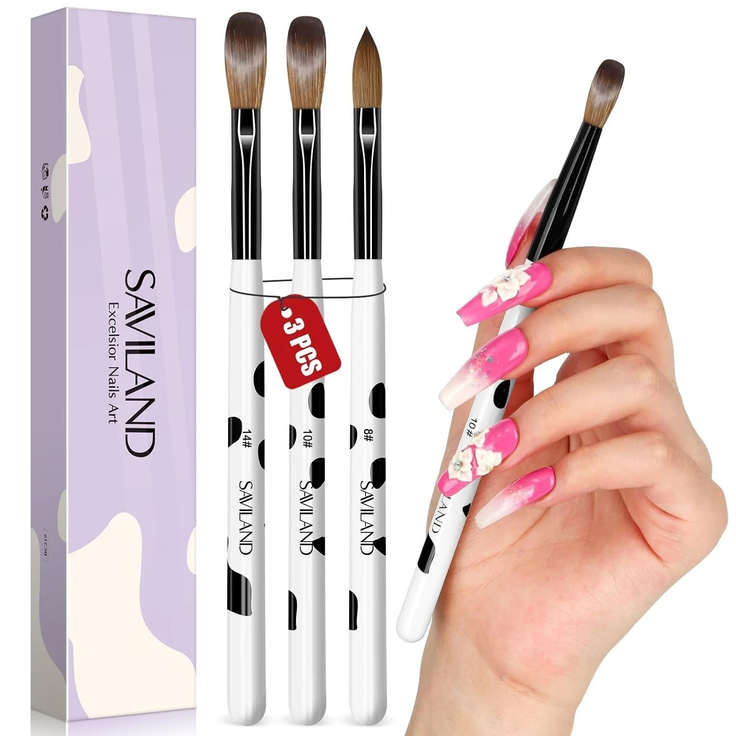 3Pcs Acrylic Nail Brush Set, Size 8/10/14 Kolinsky Acrylic Nail Brushes for Acry