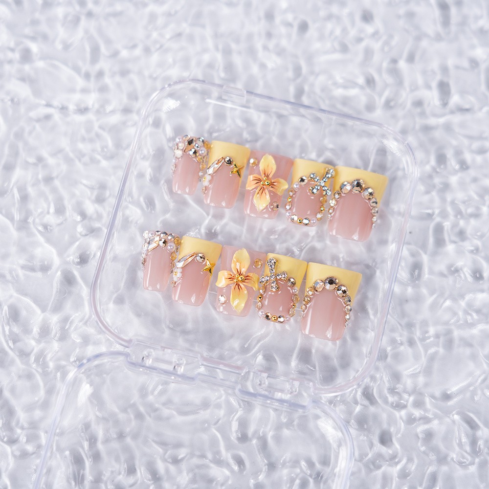 10/20PCS Handmade Square Press On Nails Yellow Floral Rhinestones Fake Nail XS-M