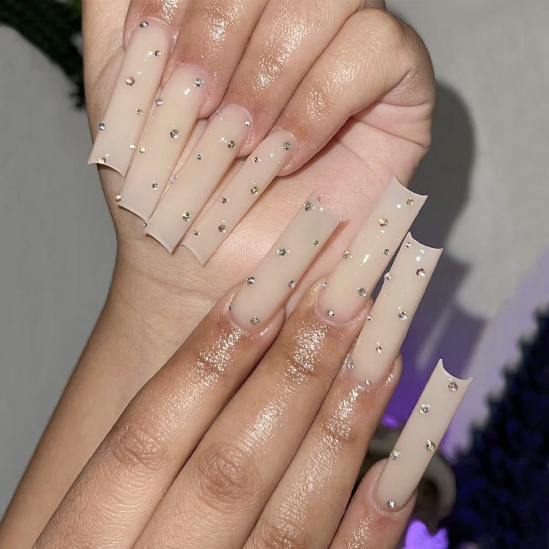 48pcs-Simple Nude Press on Nail, Extra Long Coffin with Scattered Clear Crystals