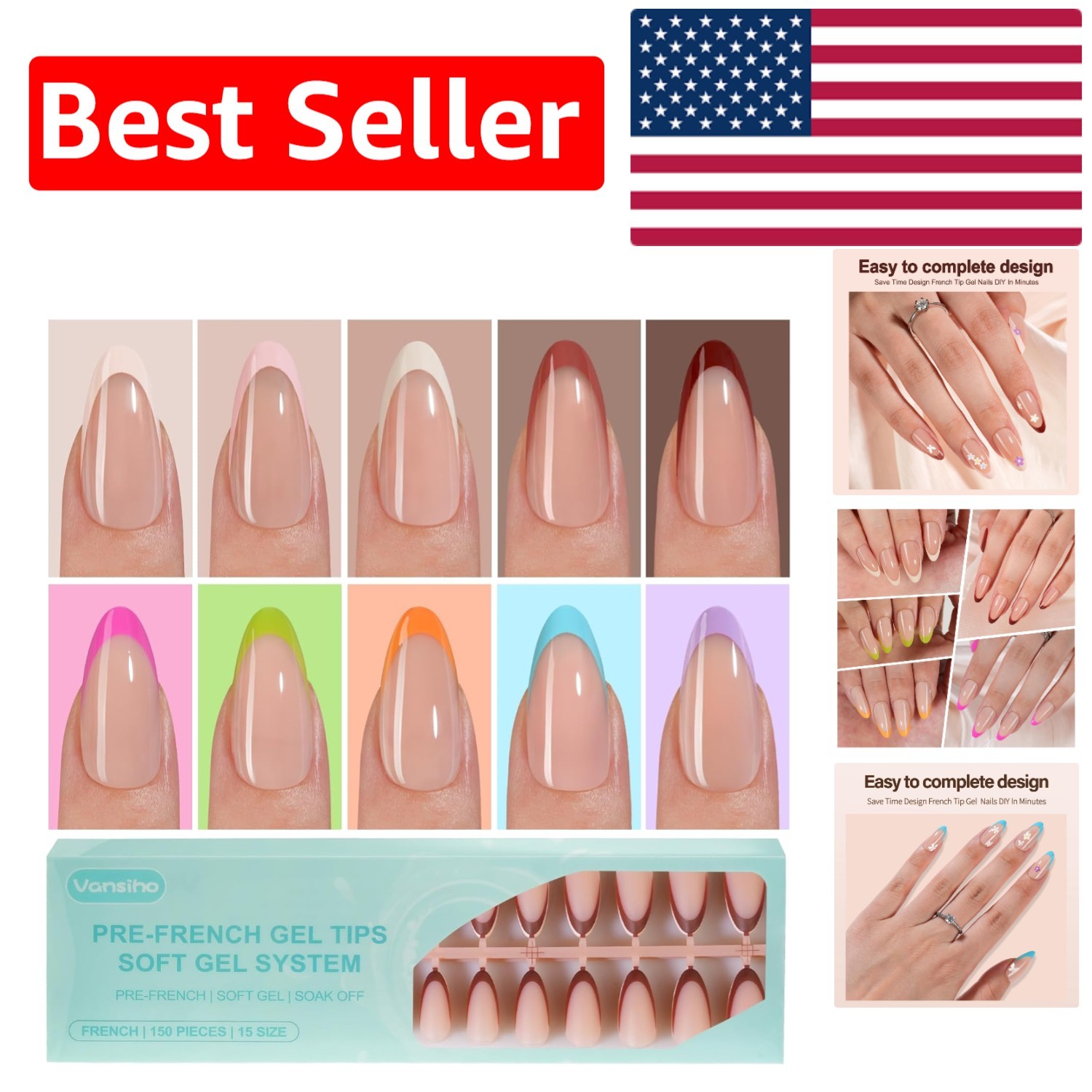 Pre-French Almond Gel Nail Tips – 300 Pcs Set for Beautiful, Easy Application