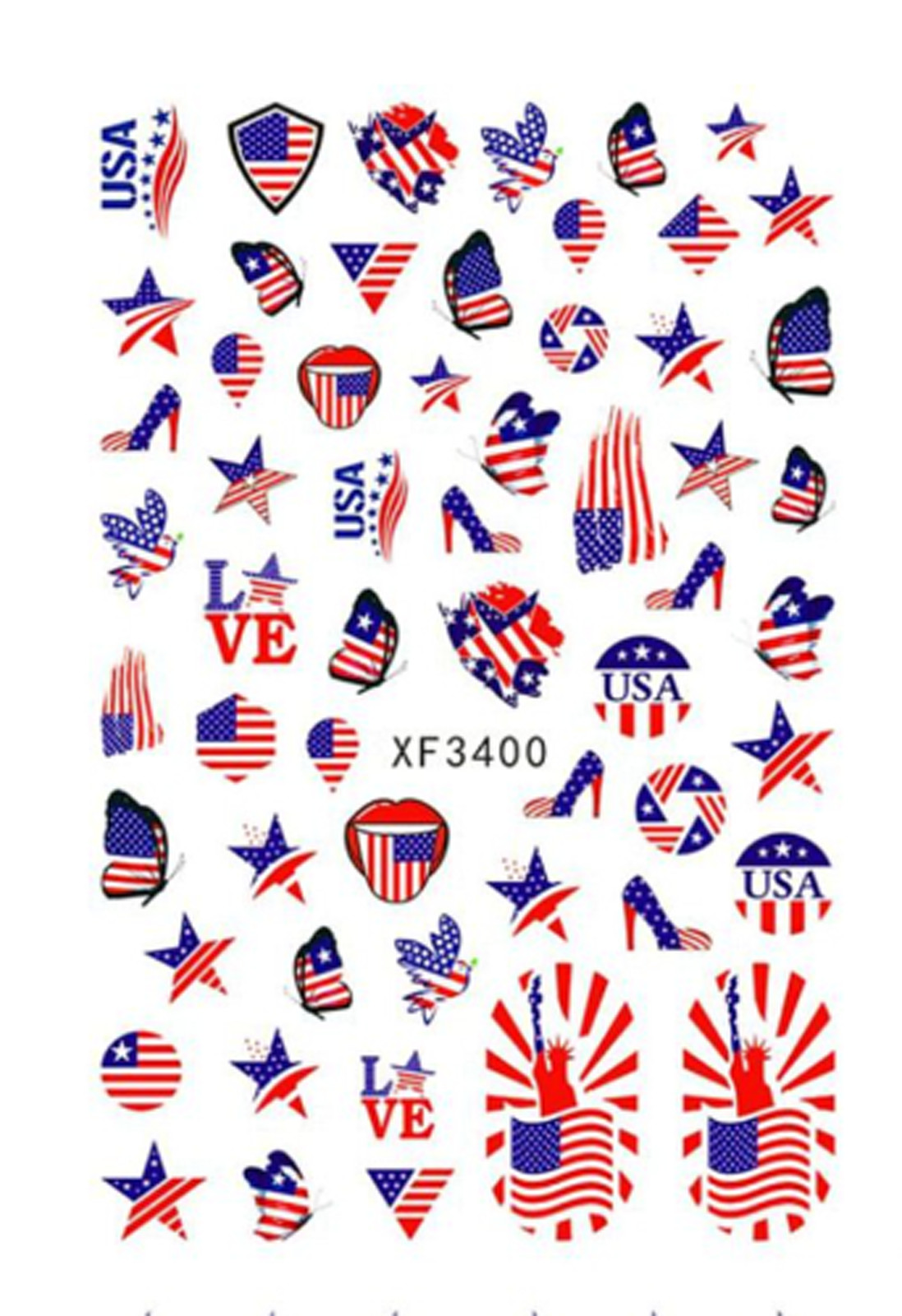 Nail Art 3D Decal Stickers beautiful American flag star USA butterfly XF3400