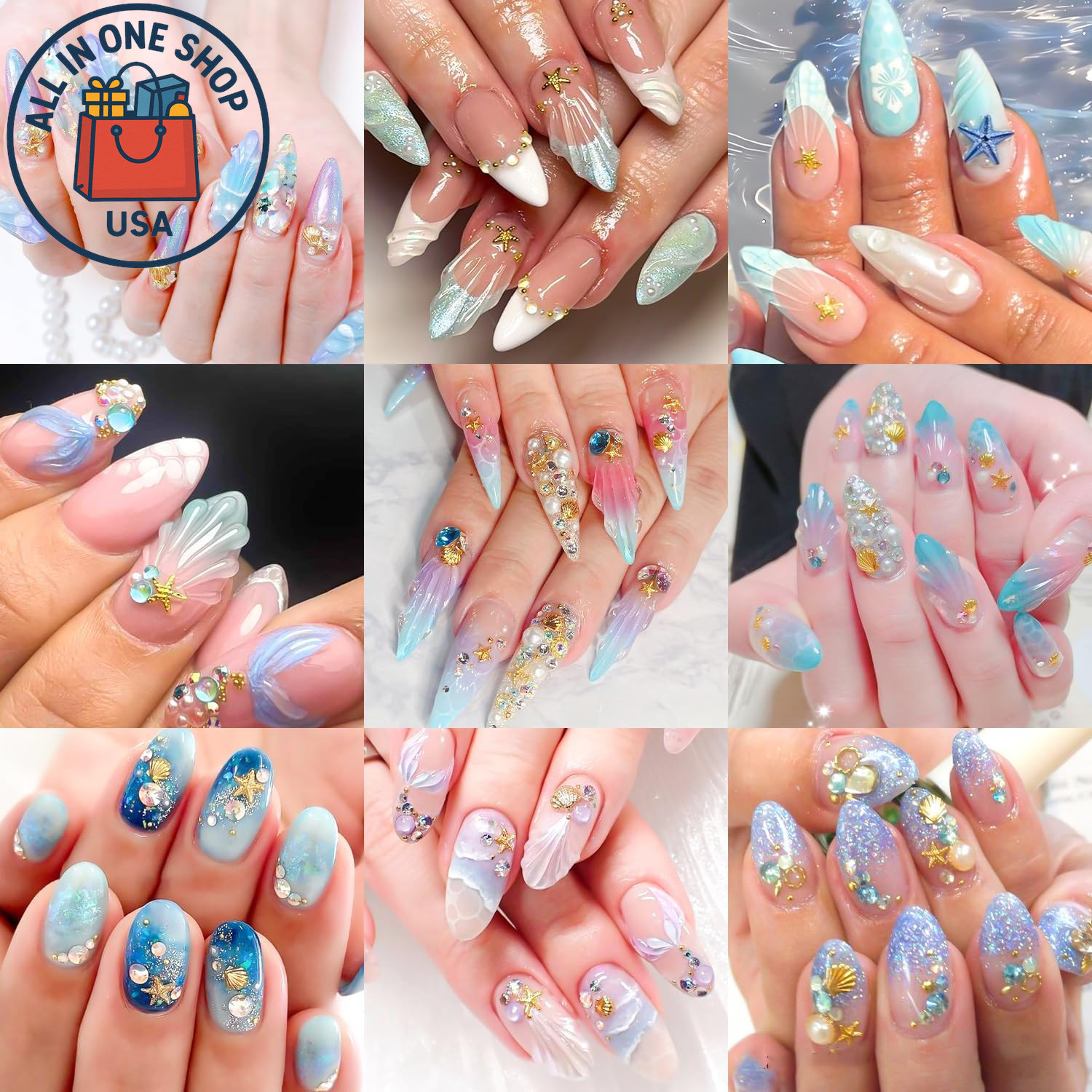 3D Summer Beach Nail Charms Set – Seashell Starfish Gems for DIY Manicure