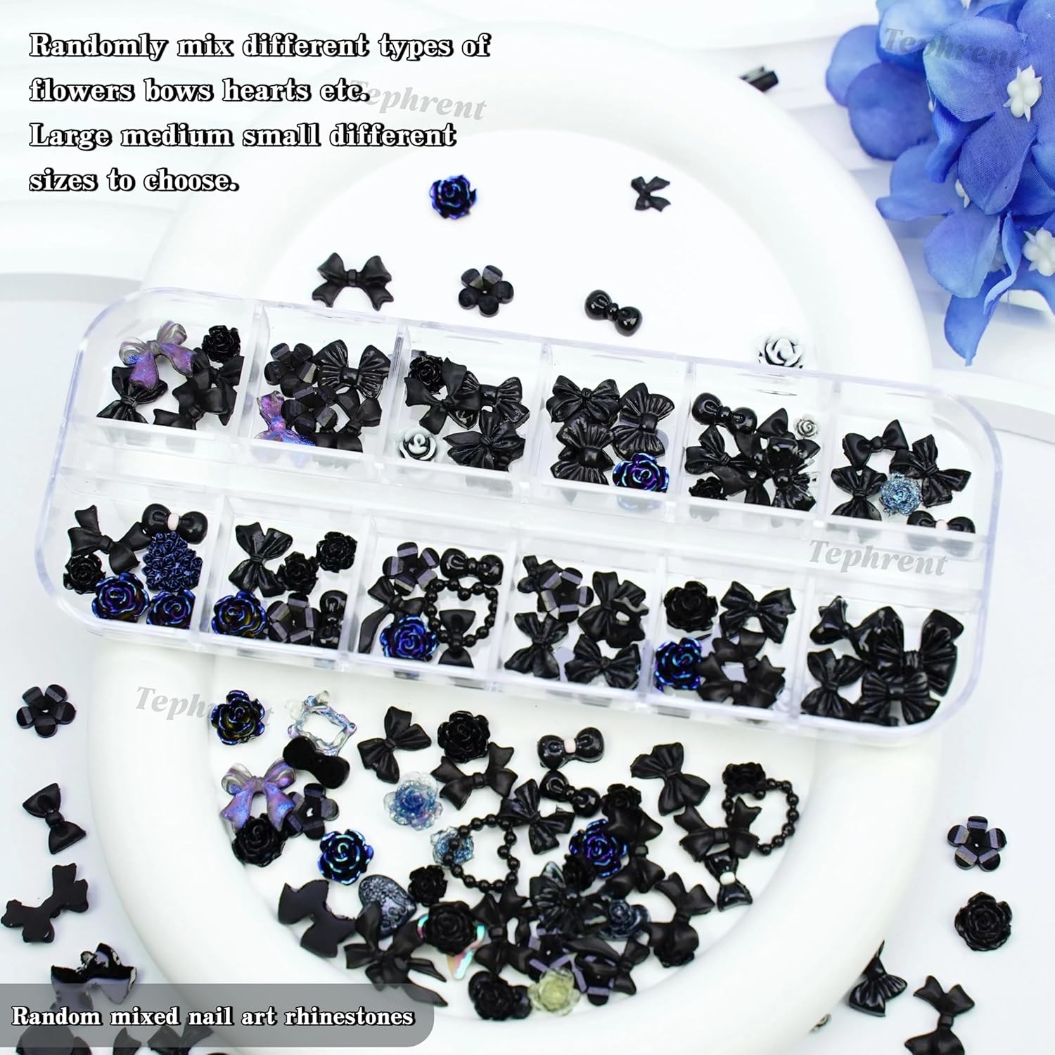 Gothic Nail Charms: 5 Boxes 12 Grids Black Bow Flower Gems for Acrylics